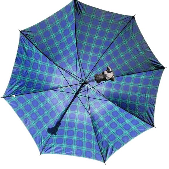 Aramis Tartan Plaid Umbrella Scottie Dog's Head Handle Scottish Terrier Blue - Picture 1 of 16